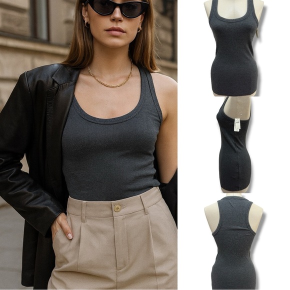 aerie Tops - 310 AERIE | NWT  Charcoal Gray Ribbed Scoop Neck Tank Top (Size S)